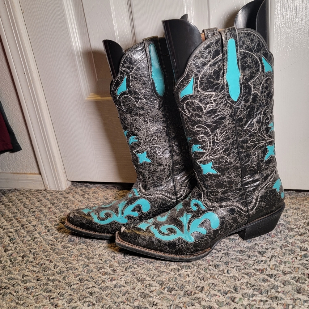 JB Dillon Black and Turquoise Ladies Cowboy Boots 10B